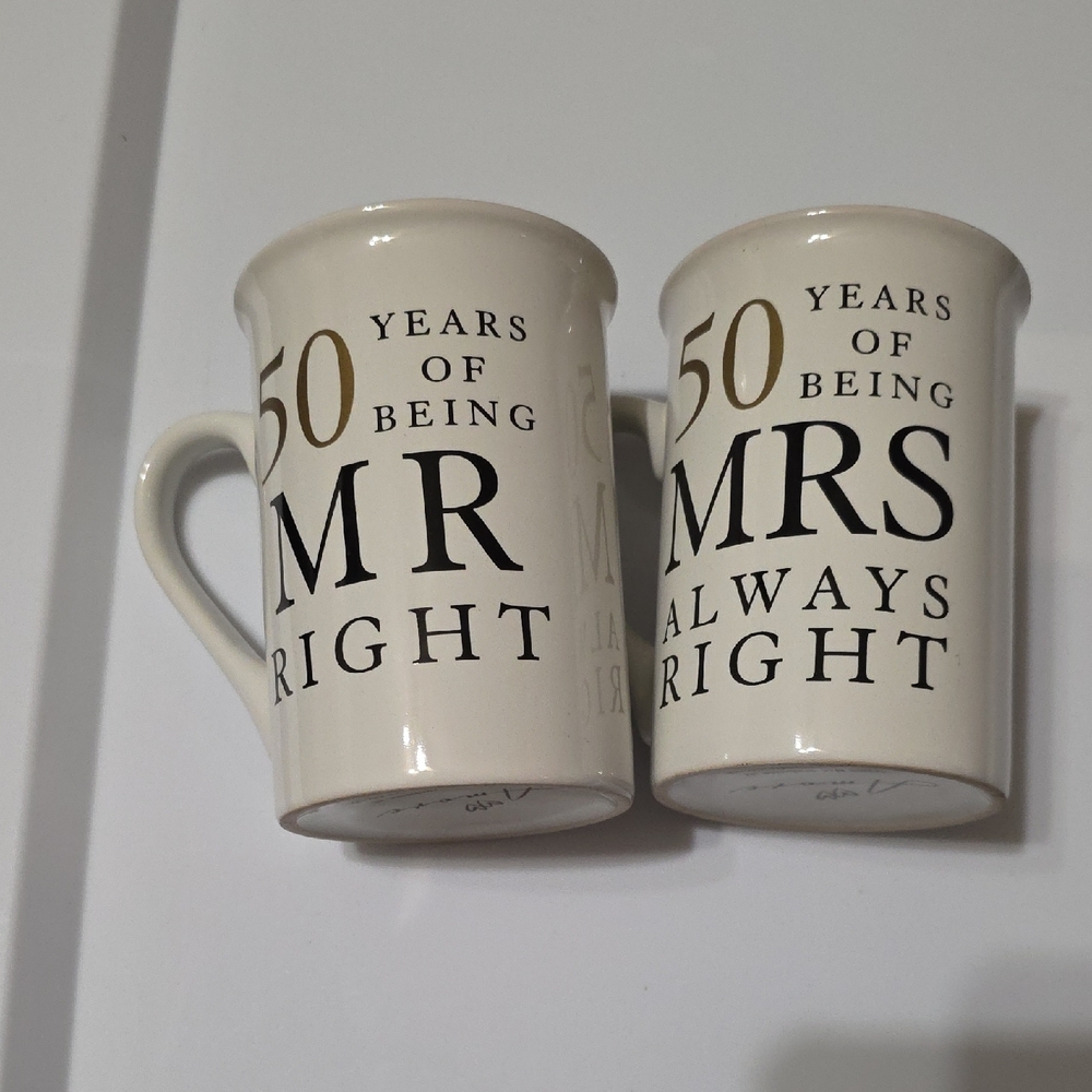 Anniversary Mug Set - White, Black & Gold Text 50 Years Of Being Right (2 Cups)